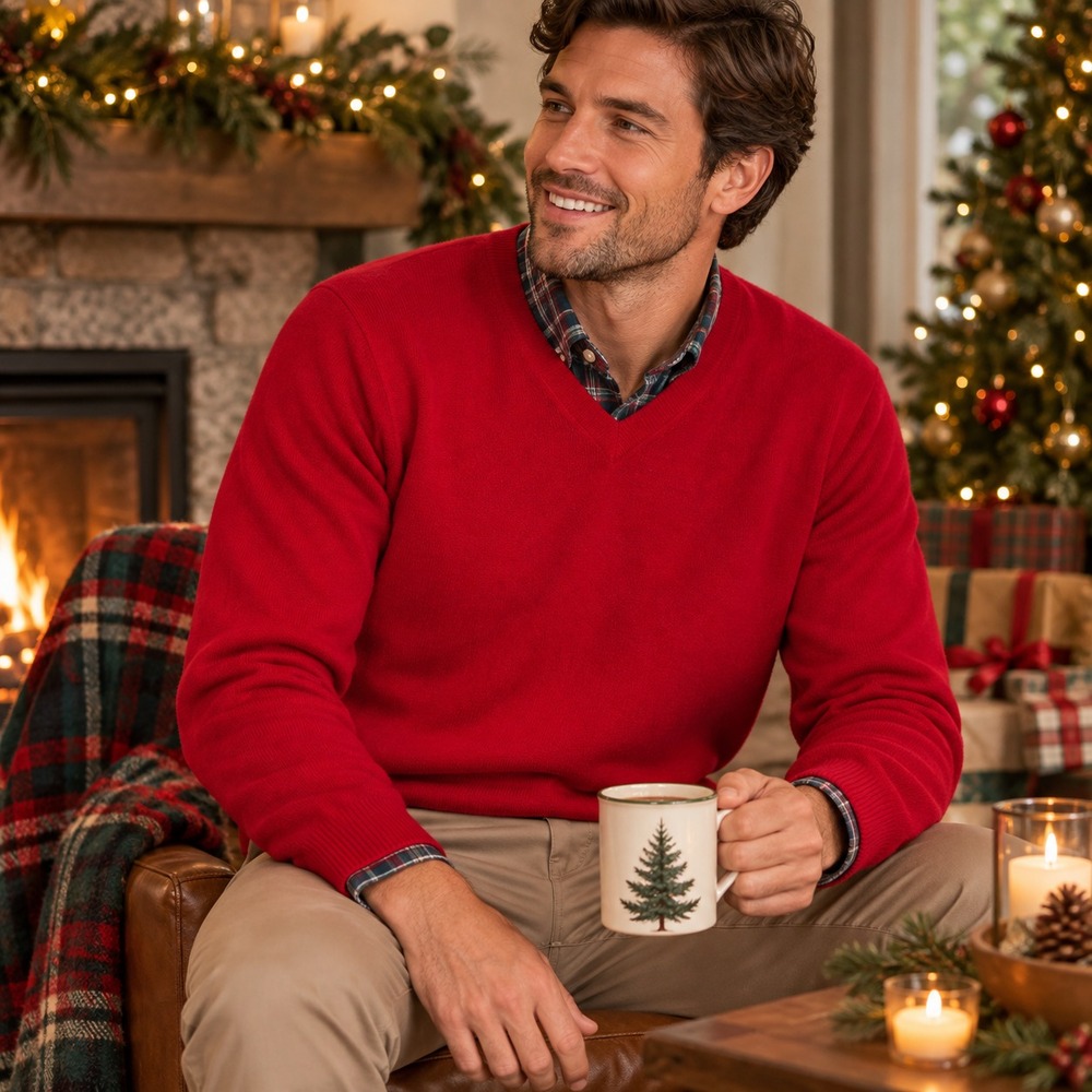 Vintage Club Room Mens 2-Ply Cashmere V-Neck Sweater M Red Preppy Classic